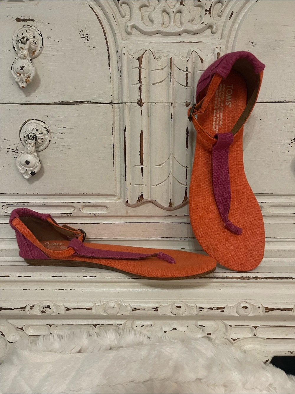 TOMS Orange Canvas T-Strap Sandals with Purple Accents